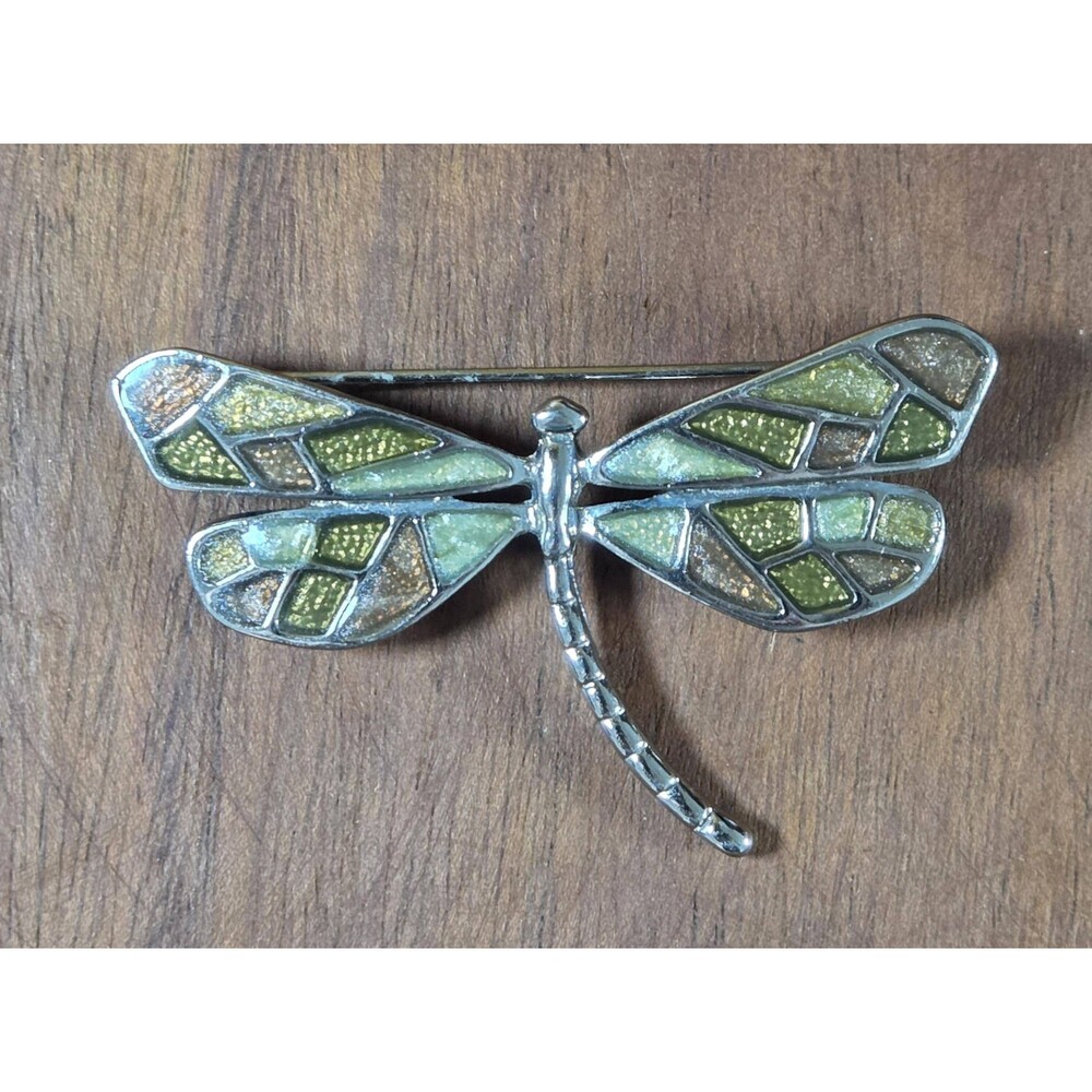 Vintage Art Nouveau Dragonfly Brooch - Green & Amber Glitter Enamel Pin